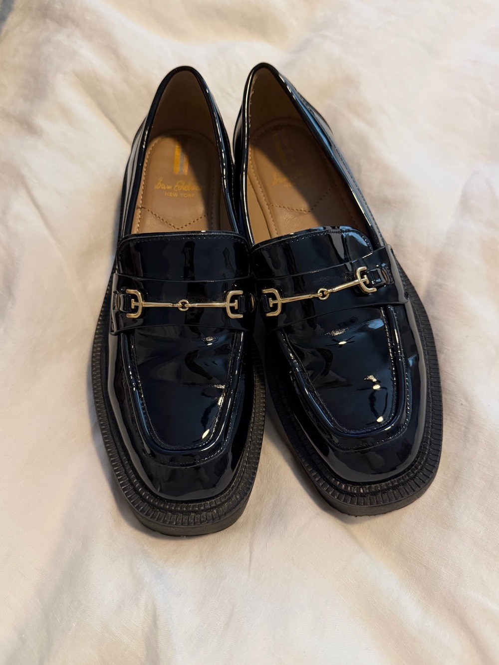 Sam Edelman Black Patent Loafers with Gold Hardware